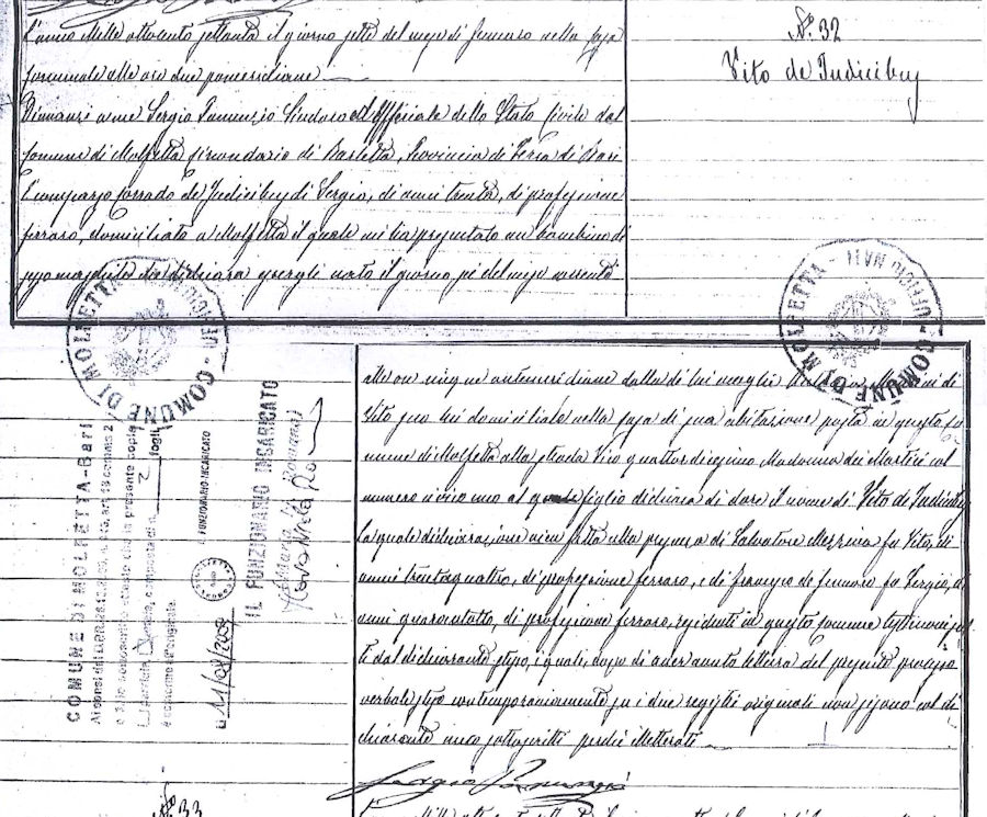 Certificato di nascita di Vito De Iudicibus