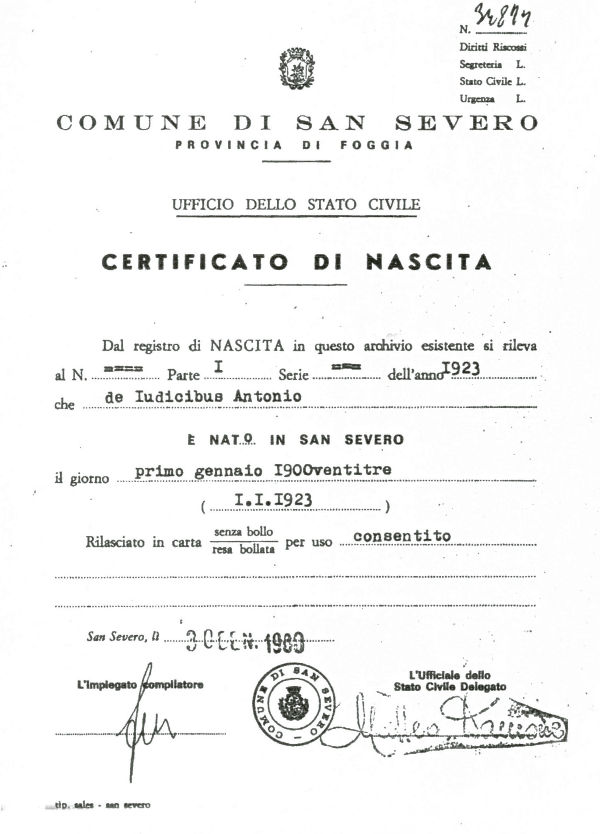 Certificato di nascita di Antonio de Iudicibus