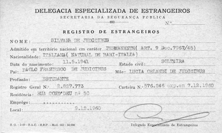 Silvana De Judicibus - Registro degli stranieri