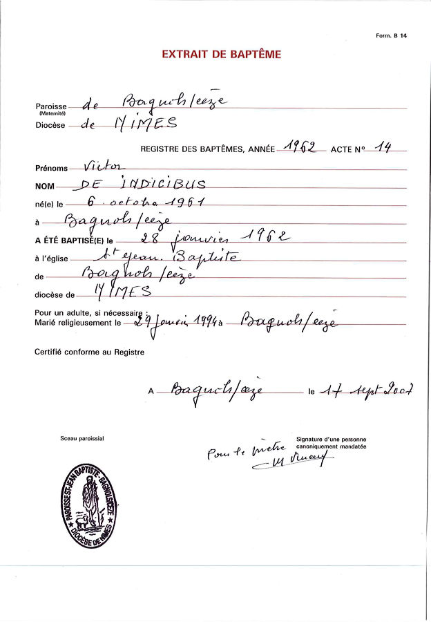 Certificato di Battesimo di Vito de Judicibus