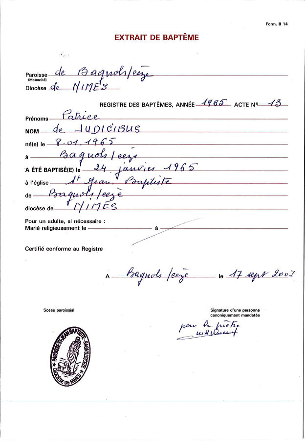 Certificato di Battesimo di Patrice