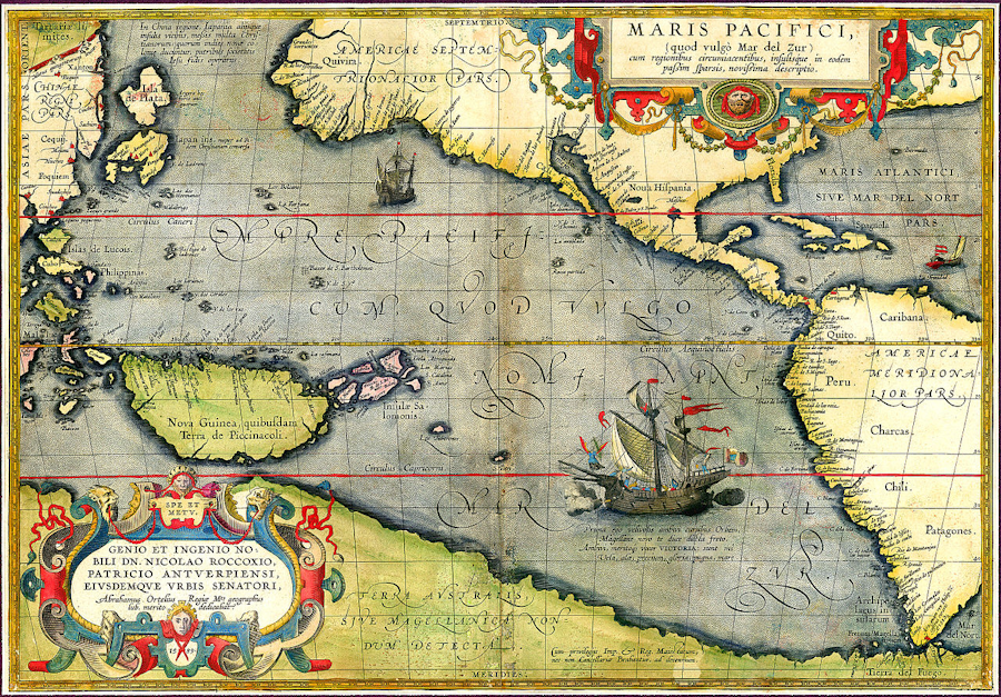 Mappa di Ortelio con l’Oceano Pacifico