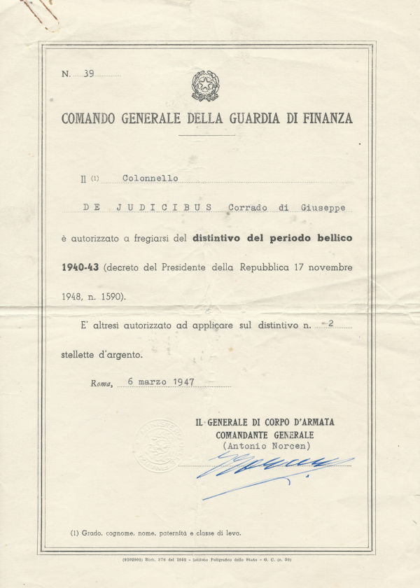 Distintivo del Periodo Bellico per Corrado de Judicibus, pagina 1