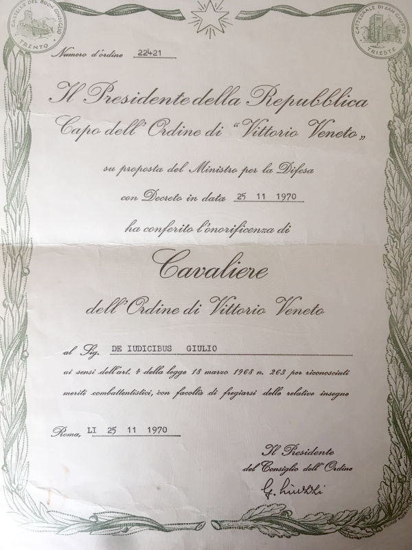 Cavaliere dell’Ordine di Vittorio Veneto per Giulio de Iudicibus