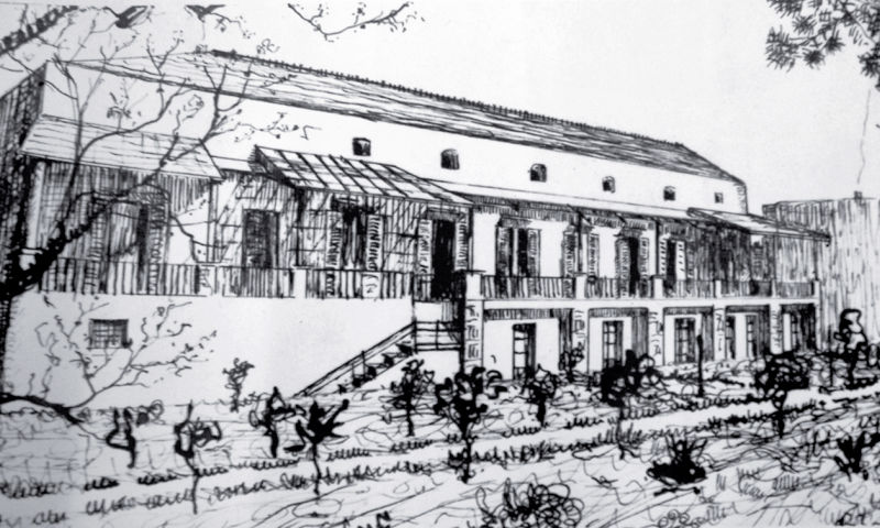 Disegno del prospetto lato Sud giardino con la facciata dell’Ospedale Civile