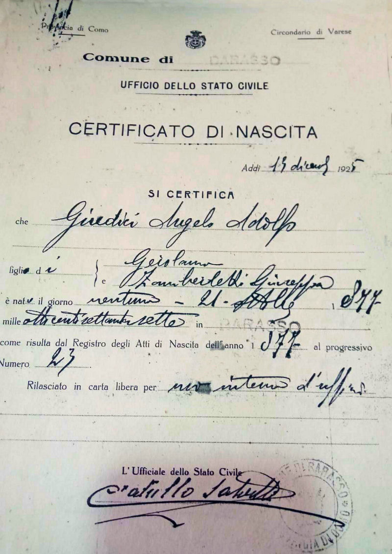 Copia dell'atto di nascita di Angelo Adolfo Giudici